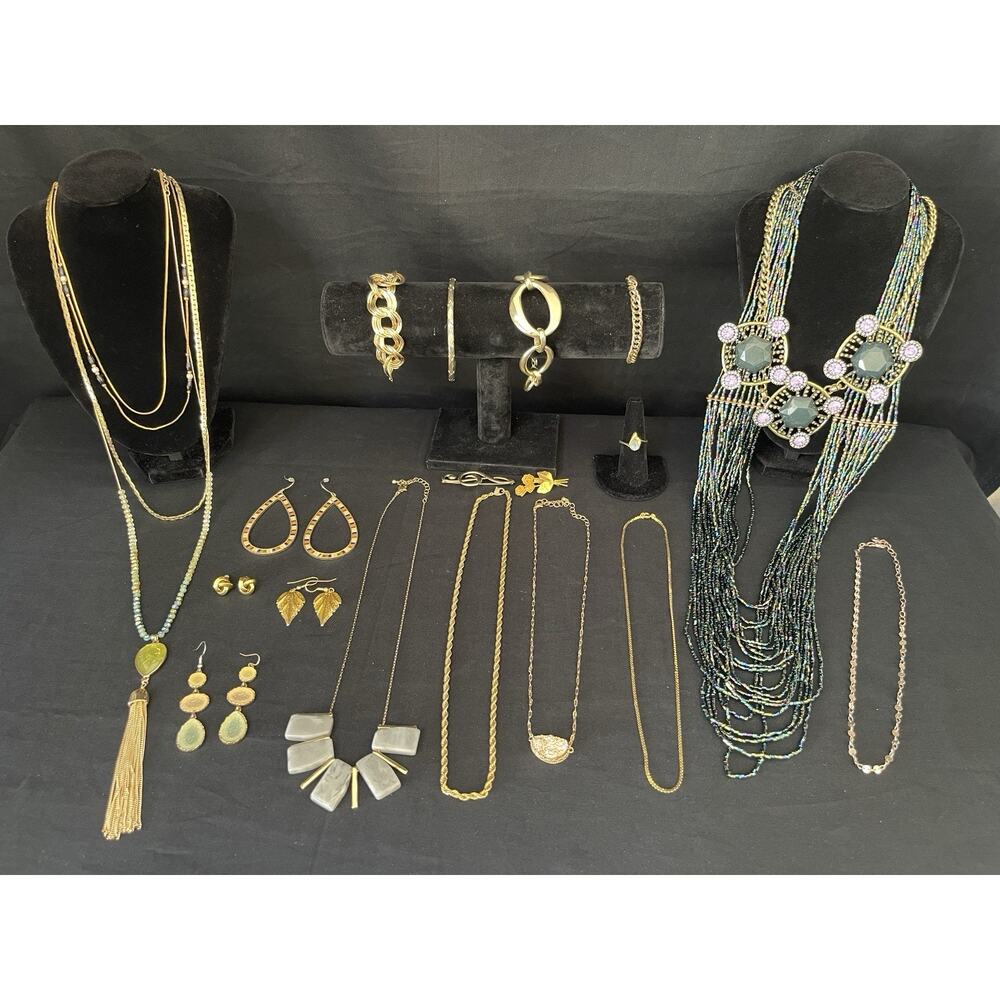 Vintage To Now Gold tone Jewelry Lot Necklace Bracelet Earrings Brooch